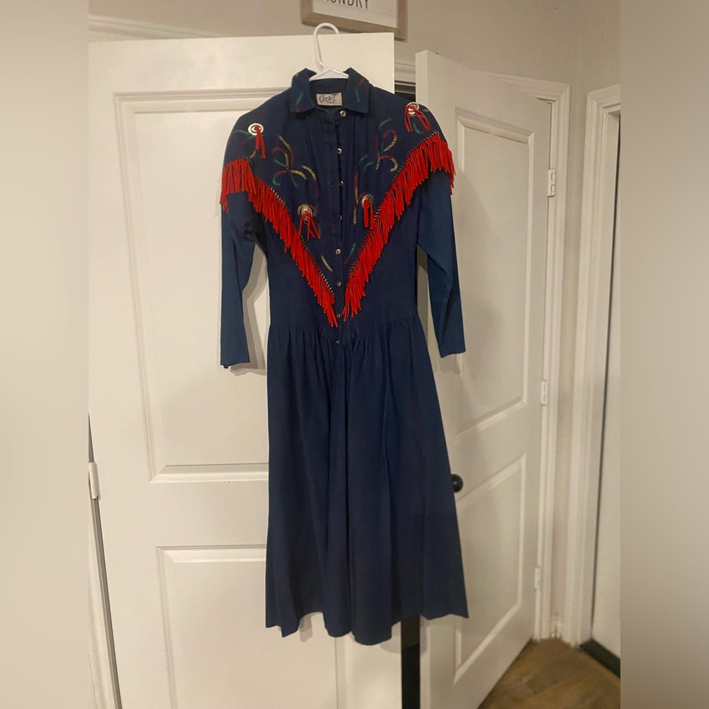Vintage Circle T By Marilyn Lenox Jean Dress With Red Fringe Size S/M